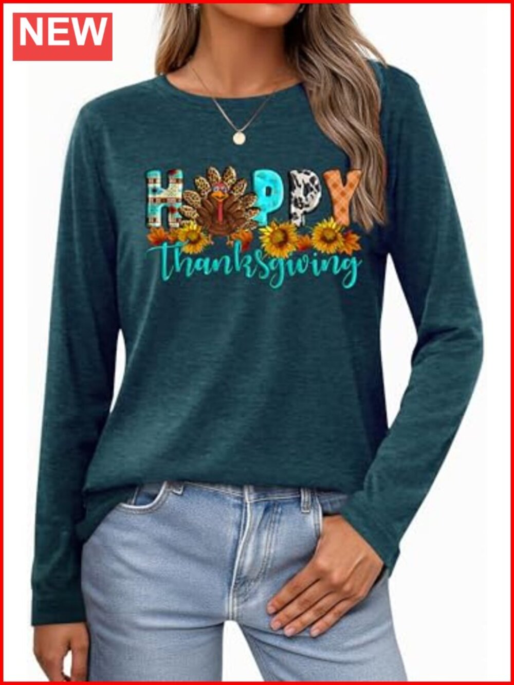 Thanksgiving Long Sleeve TShirt Women Funny Turkey Pullover Casual Tee